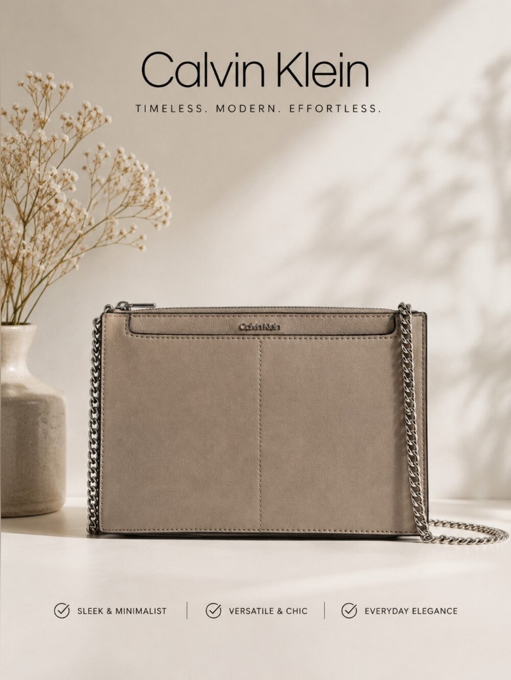 EUC Calvin Klein Taupe/Silver Chain Crossbody Shoulder Bag, 9.5"Wx6.5"Hx1.5"D